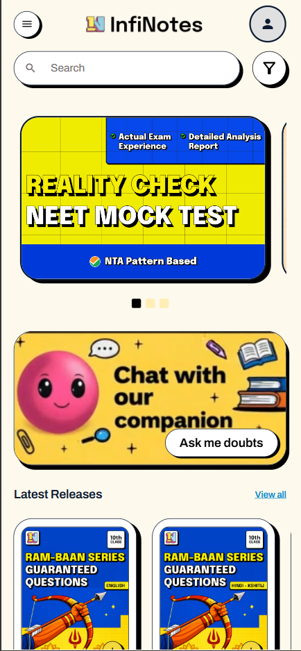 The InfiNotes app home screen: a NEET mock test banner, the Infi AI companion, and study packs